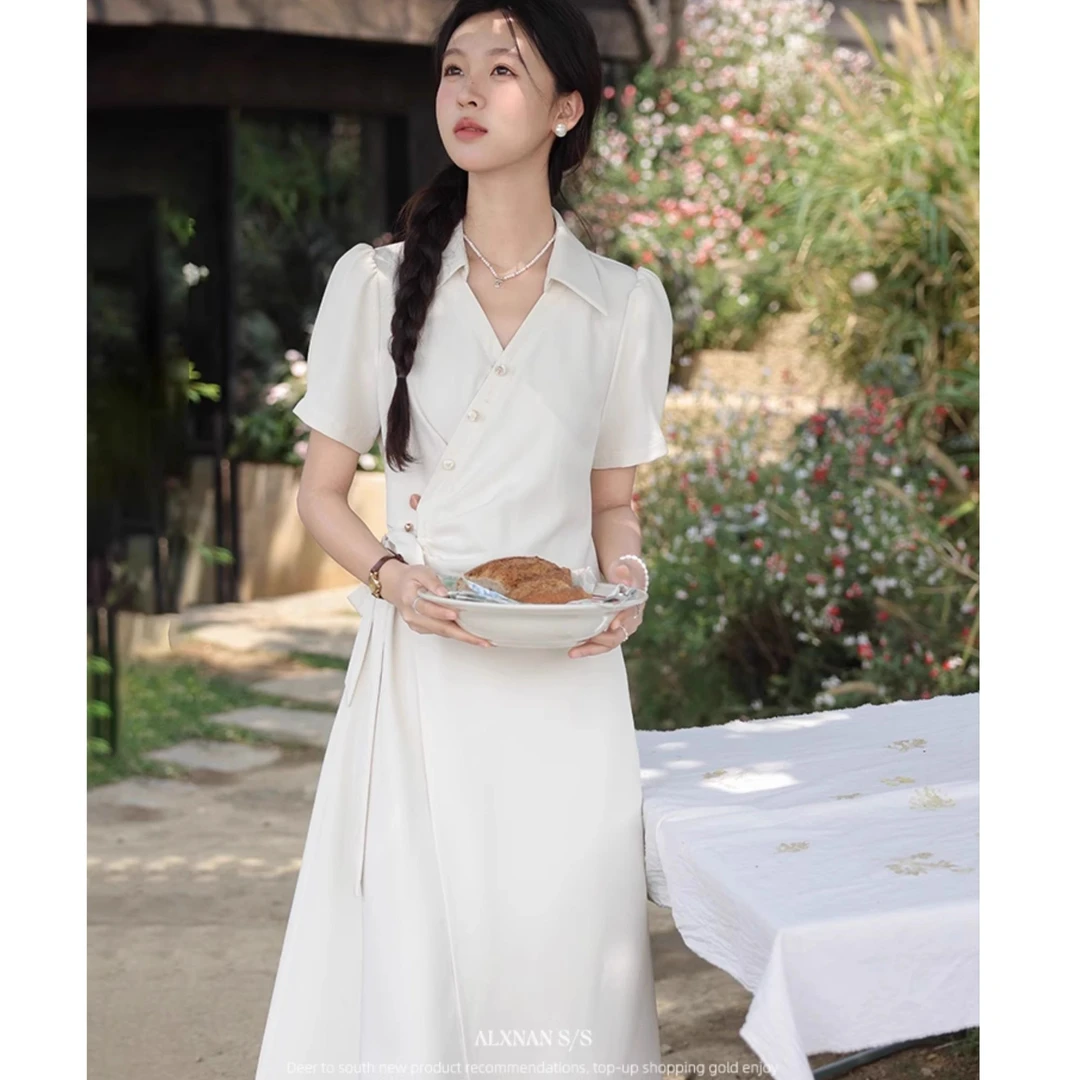 鹿向南「月光恋人」法式杏色短袖连衣裙女夏季设计感气质收腰长裙