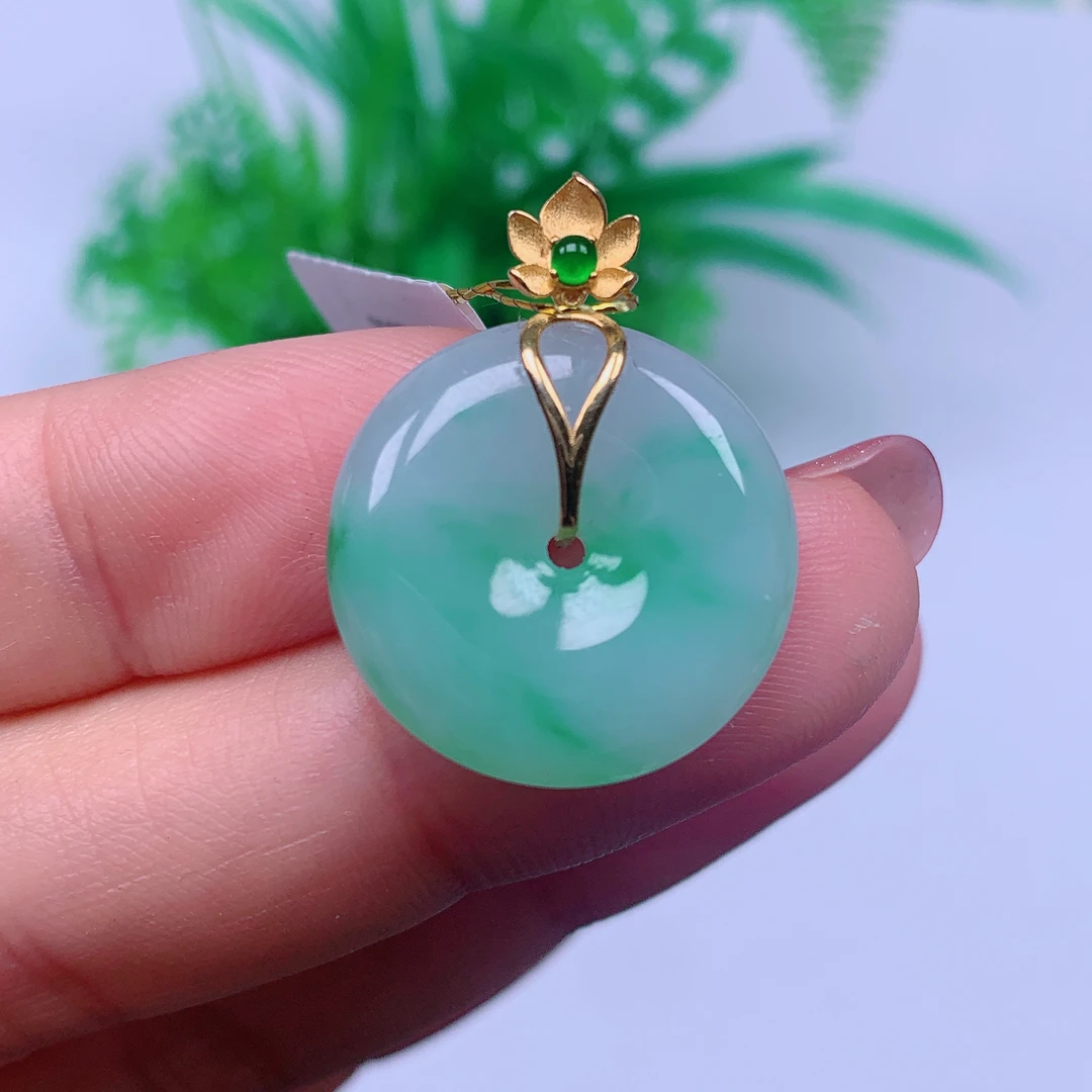 缅甸天然A货翡翠，飘绿平安扣 编号13/219尺寸20.6-5.4