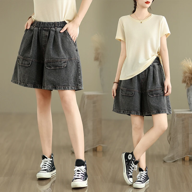 夏季新款复古个性口袋五分牛仔阔腿裤女大码宽松显瘦休闲哈伦短裤