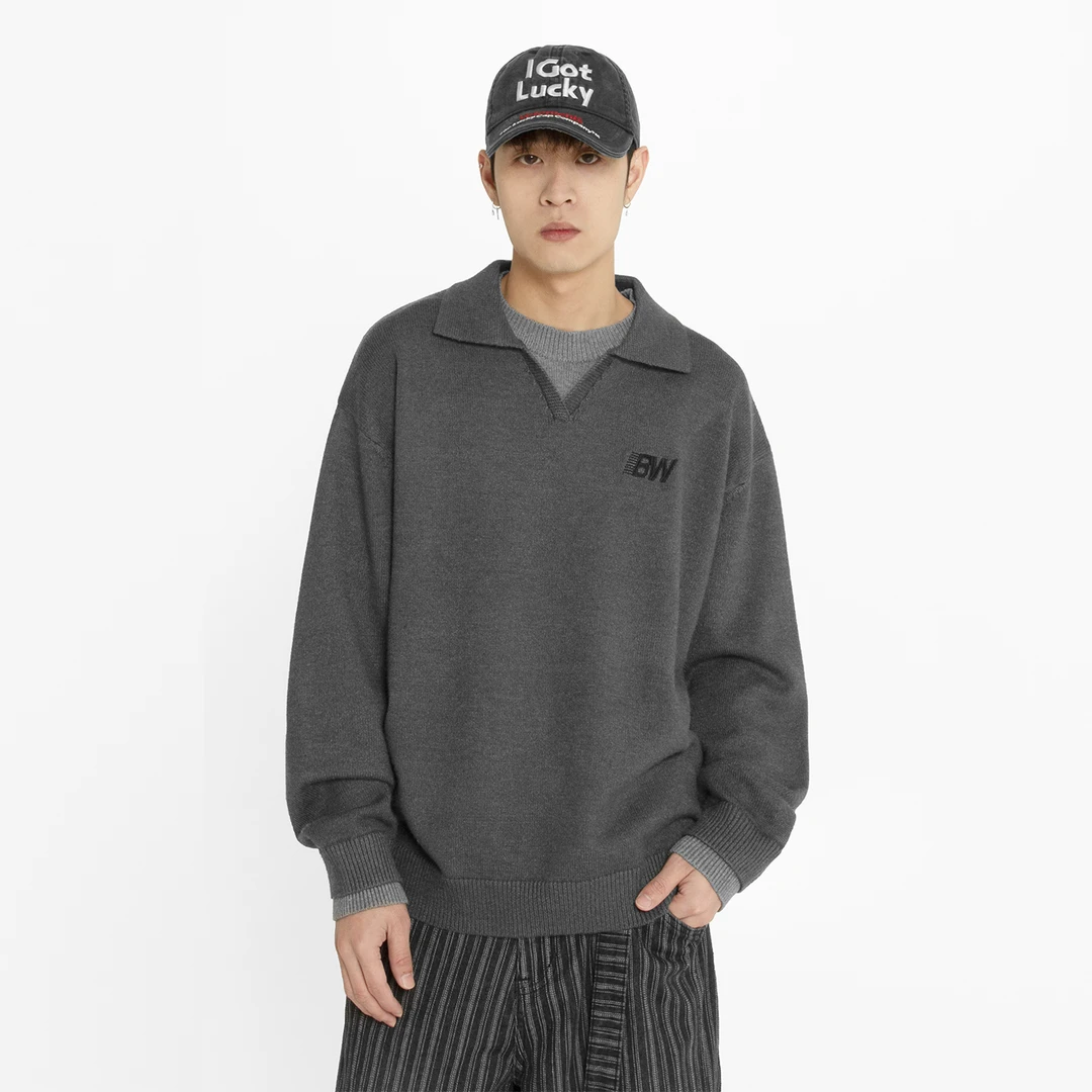 US5自制 假两件毛衣男款冬季宽松美式休闲polo针织衫男女保暖外套