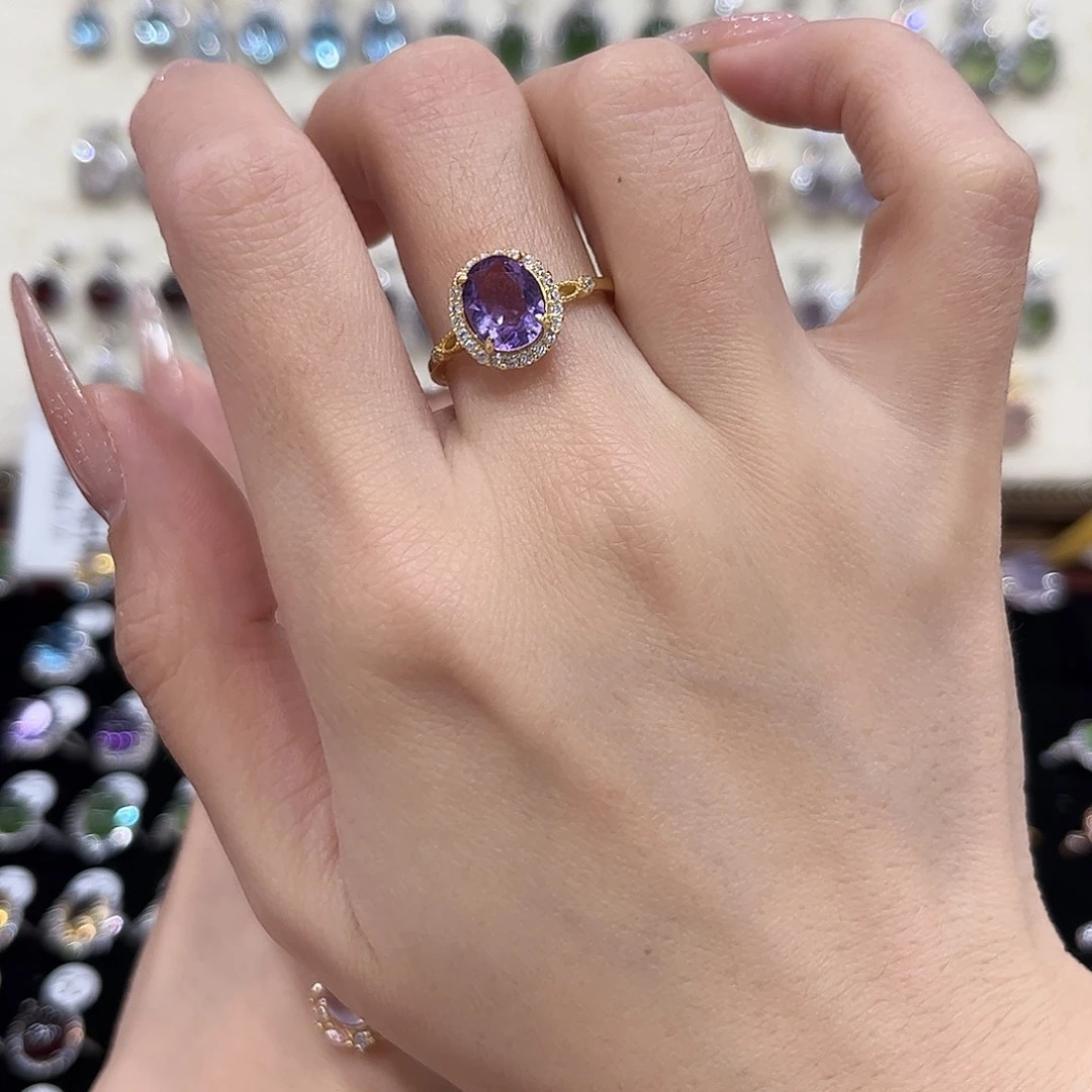 紫晶银S925镶嵌戒指金托不保色
