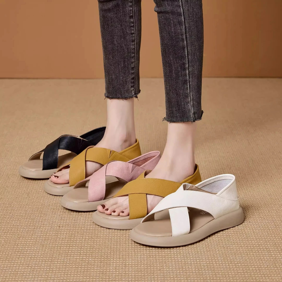 真皮平底鱼嘴凉鞋女2025夏季新款镂空透气软底软面平底沙滩鞋