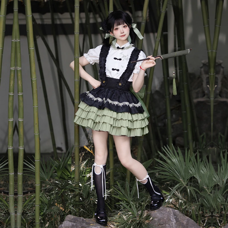 【玲珑】withpuji原创设计 中华风竹叶印花衬衫背带可拆sk套装夏