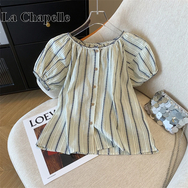 拉夏贝尔竖条纹圆领衬衫女夏季泡泡袖娃娃衫宽松显瘦别致短袖上衣