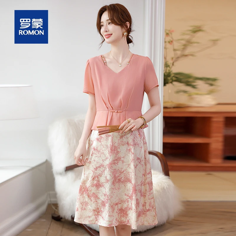 罗蒙妈妈夏装洋气短袖连衣裙女2025新款中老年女装拼接假两件裙子