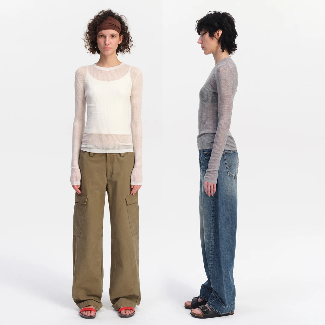 SMIIILE薄透坑条美利奴羊毛针织衫修身圆领套头长袖打底内搭上衣