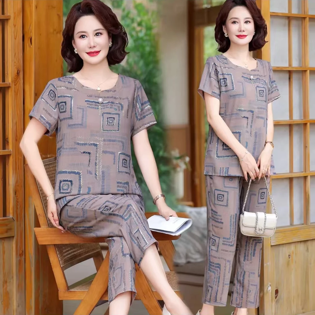 妈妈装显瘦宽松中老年女装夏款薄款休闲时尚套装两件套