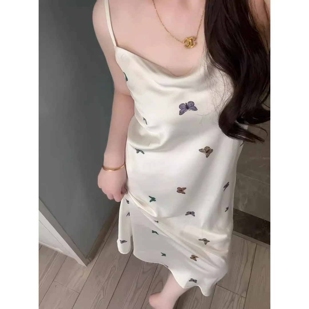 法式洋气高级蝴蝶印花冰丝吊带连衣裙女夏季轻熟风睡衣家居服睡裙