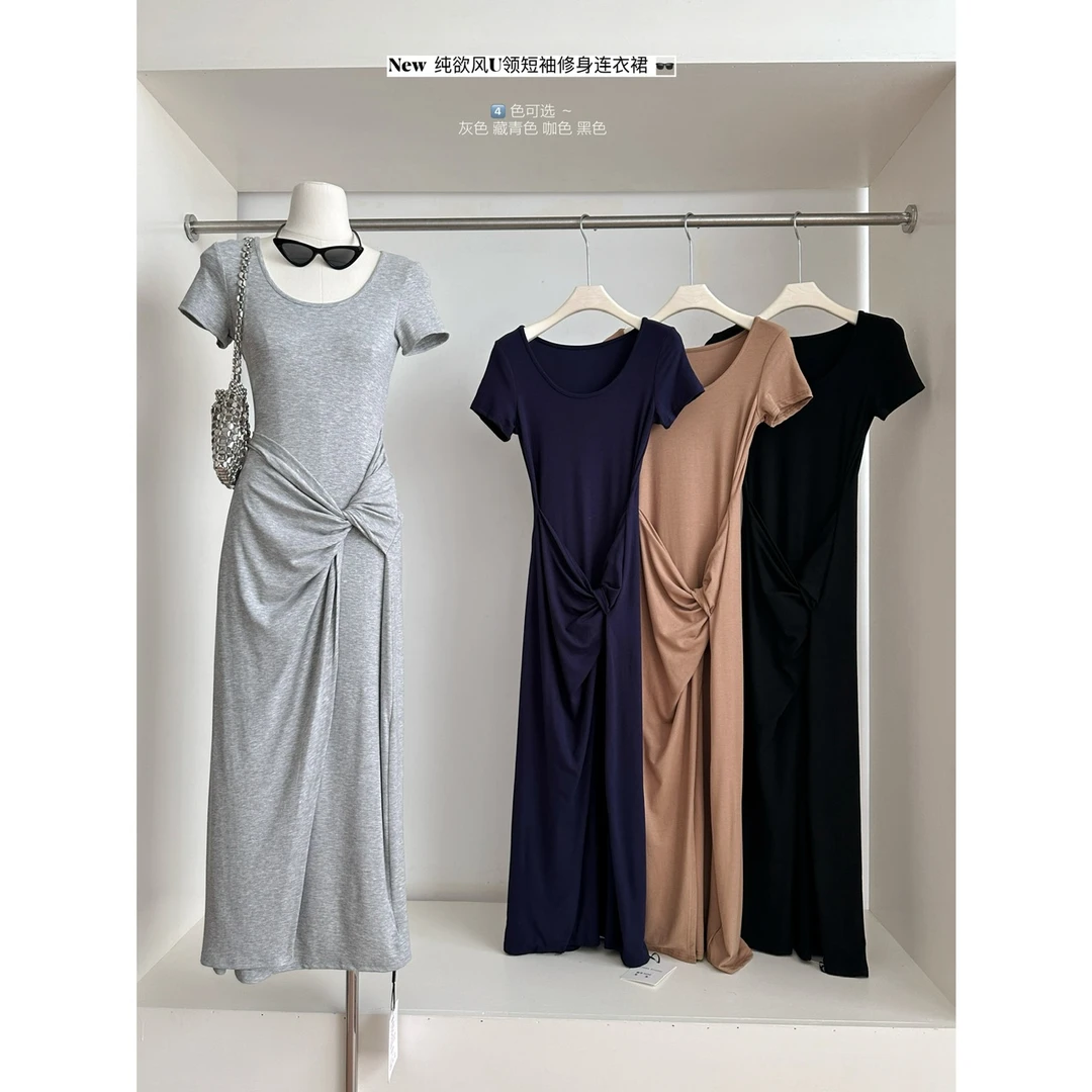 新款纯欲风性感款短袖夏季长裙连衣裙开叉显瘦性感褶皱