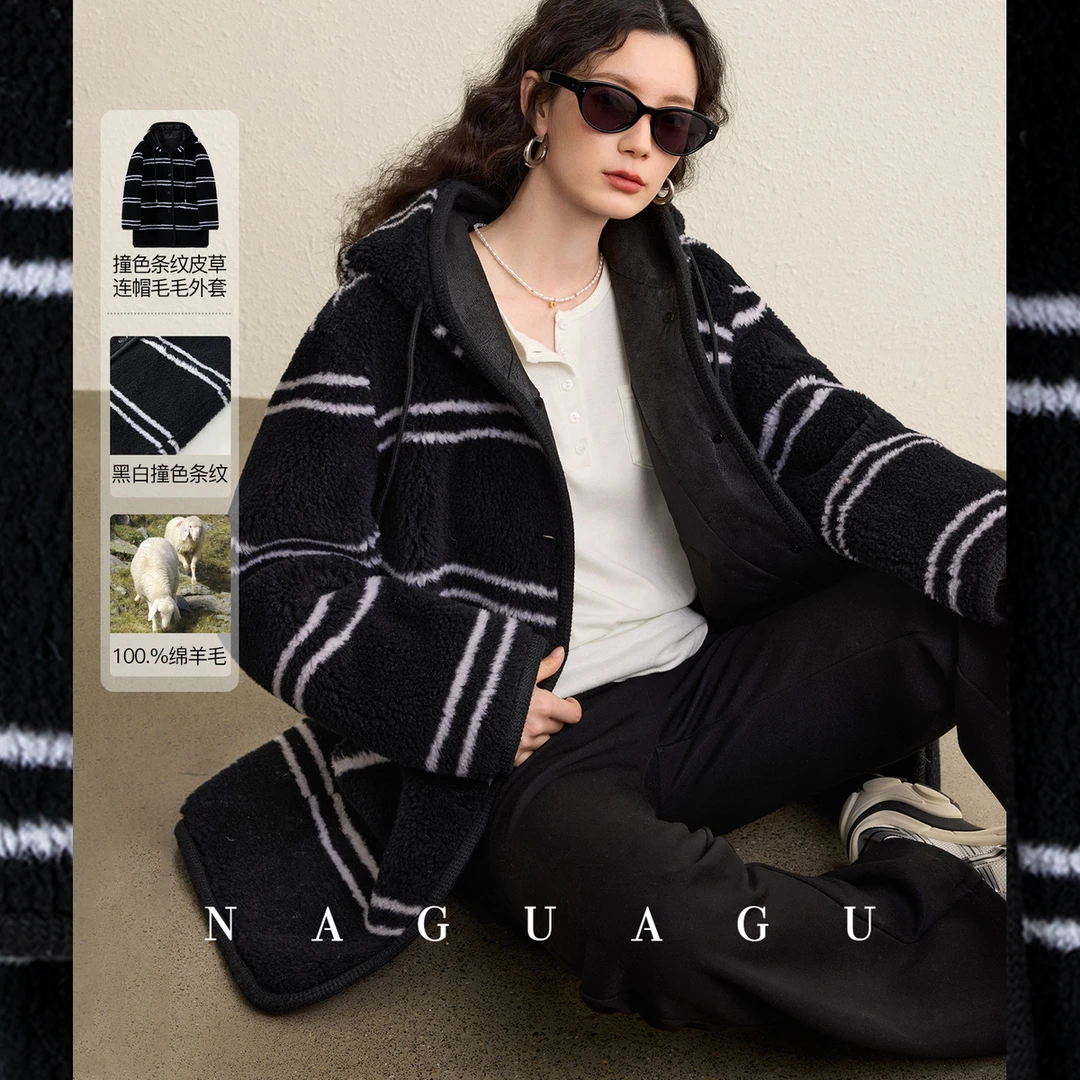 NAGUAGU/南瓜谷【丹麦序曲】撞色条纹连帽毛毛外套冬新款女