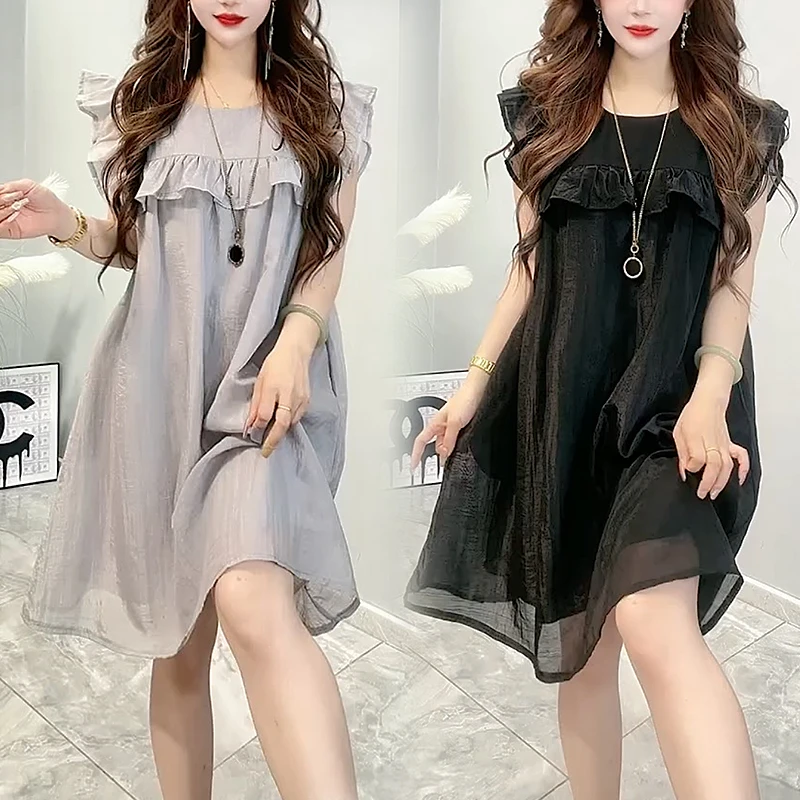 韩版2025新款小众简约设计感纯色连衣裙时尚气质显瘦圆领宽松裙子