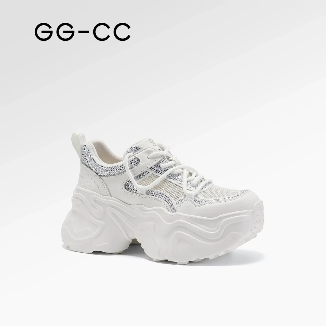 GGCC商场同款2025夏季厚底闪钻老爹鞋女设计感白色休闲鞋G25U8172