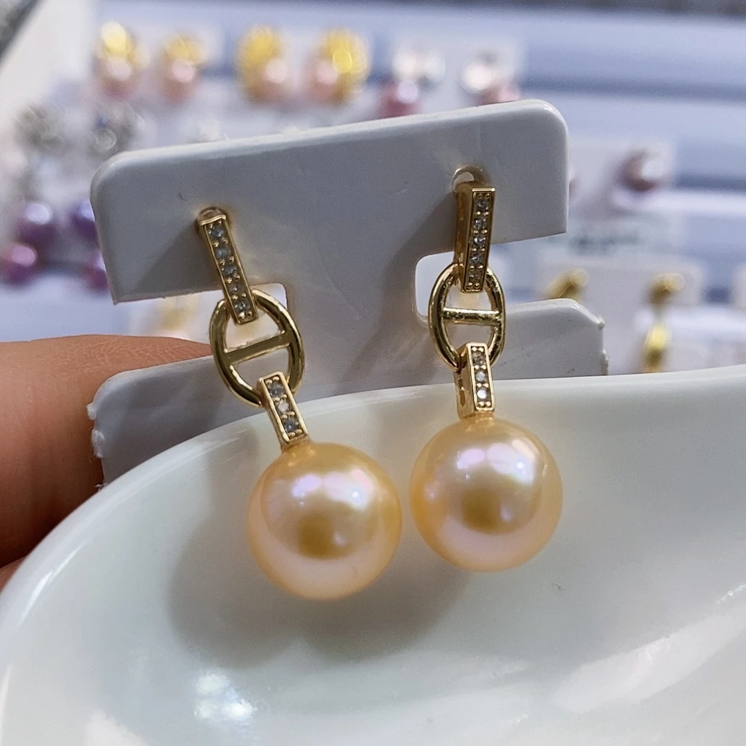 银S925镶嵌淡水极光正圆炫彩10.6mm爱玛橙奶油金淡水珍