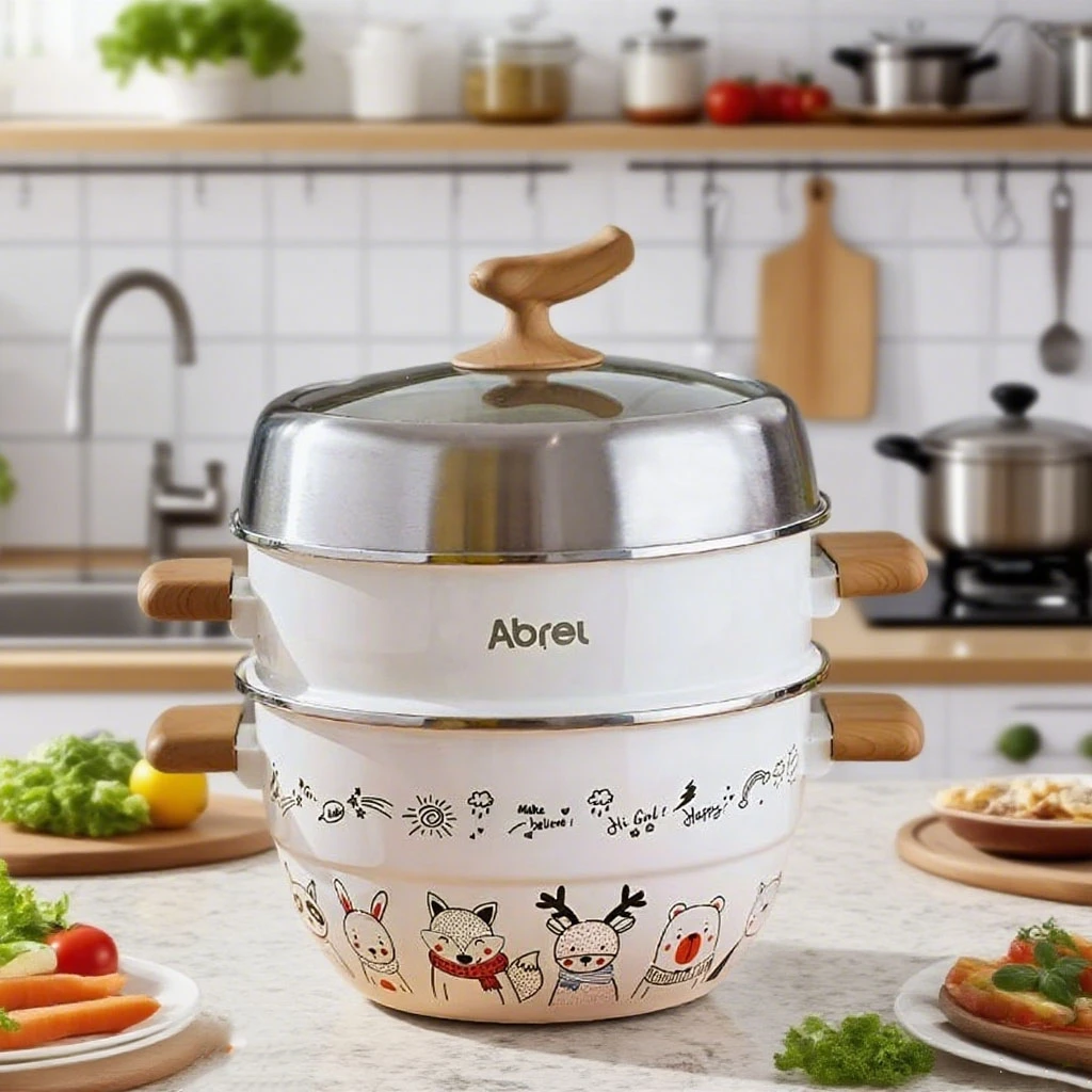 【七喜】26cm双层蒸锅 珐琅搪瓷安博力蒸锅 双耳大容量汤锅蒸锅炖锅