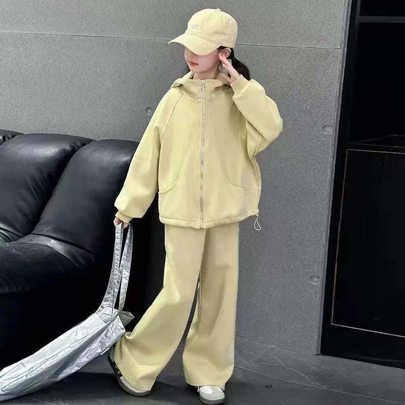 A-Y168 2025女童春秋款韩版纯色运动两件套