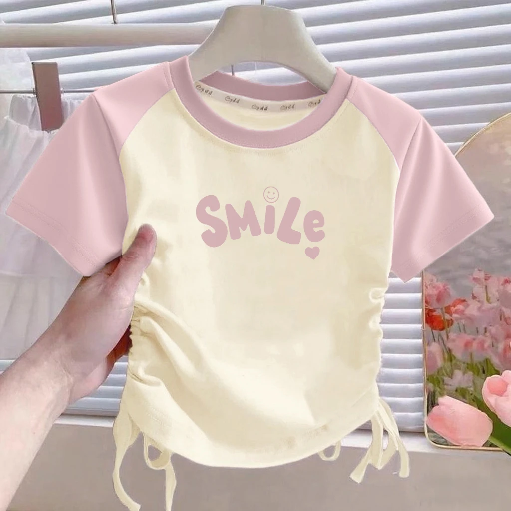 插肩袖女童短袖夏季2025新款收腰抽绳T恤中大童洋气儿童上衣潮ins