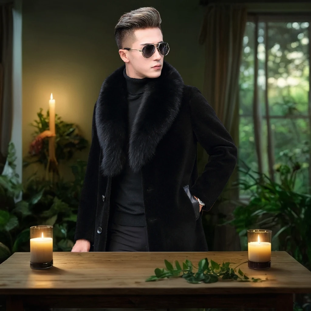 时尚男士秋冬大衣狐狸毛领羊剪绒中长款风衣保暖外套休闲男款大衣