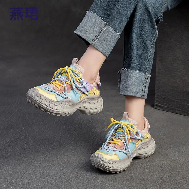 燕珺高级感厚底女鞋增高榴莲底老爹鞋女休闲网面时尚2025春夏新