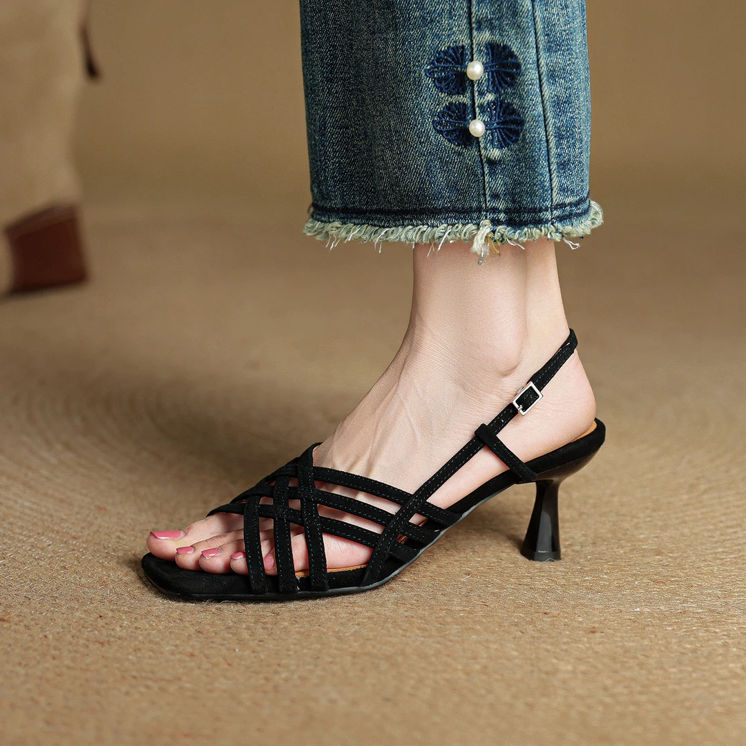 软羊皮/6公分 真皮一字带露趾罗马凉鞋女 法式细跟高跟凉皮鞋百搭