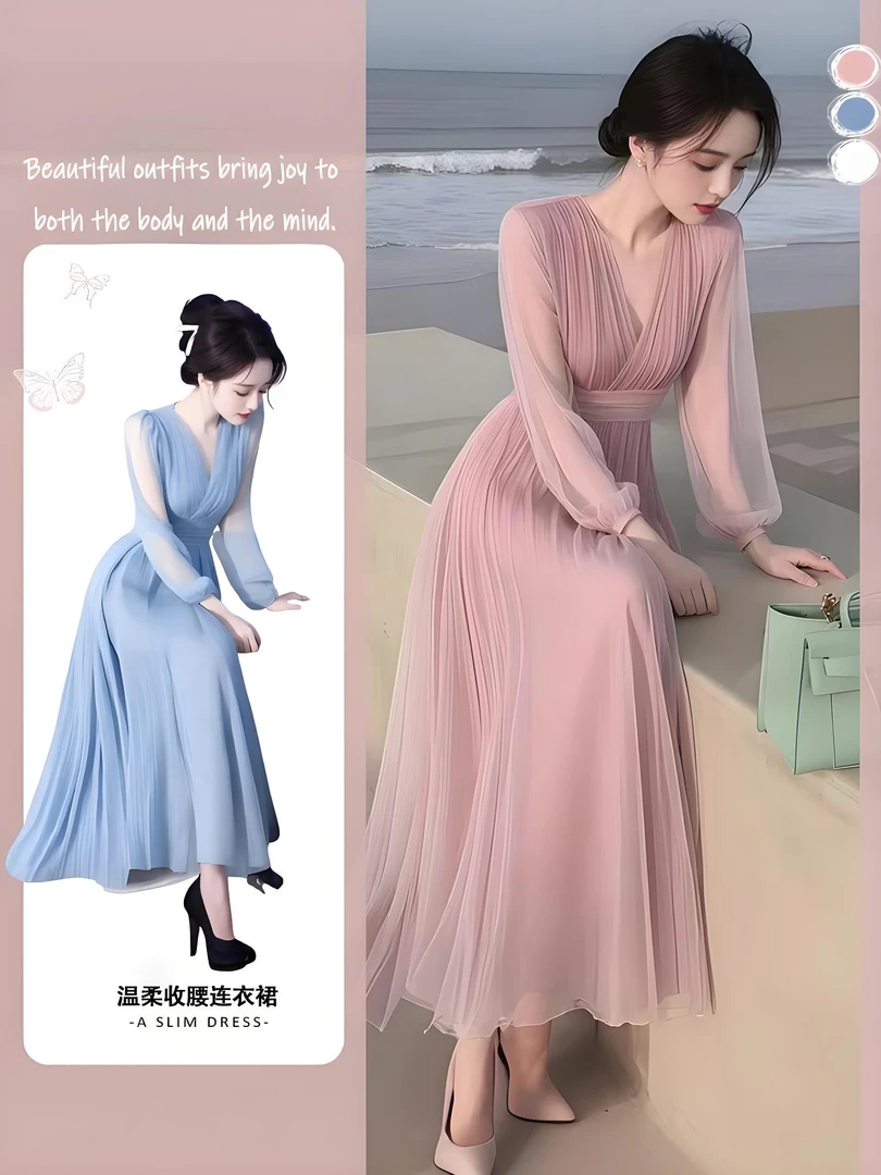 法式温柔系穿搭高端精致轻奢高级感海边度假风粉色气质收腰连衣裙
