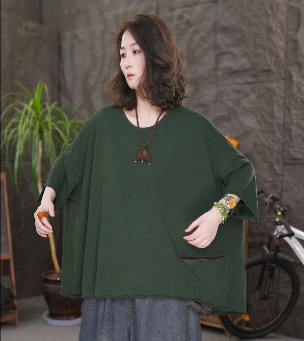 2025夏季新品纯棉系扣小口袋宽松休闲纯棉T恤女