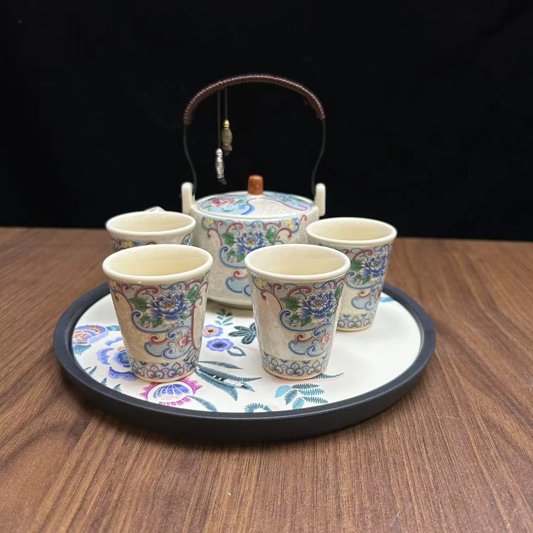 亮光黄（双鱼）提梁壶银丝牡丹1壶4日式杯-A13101