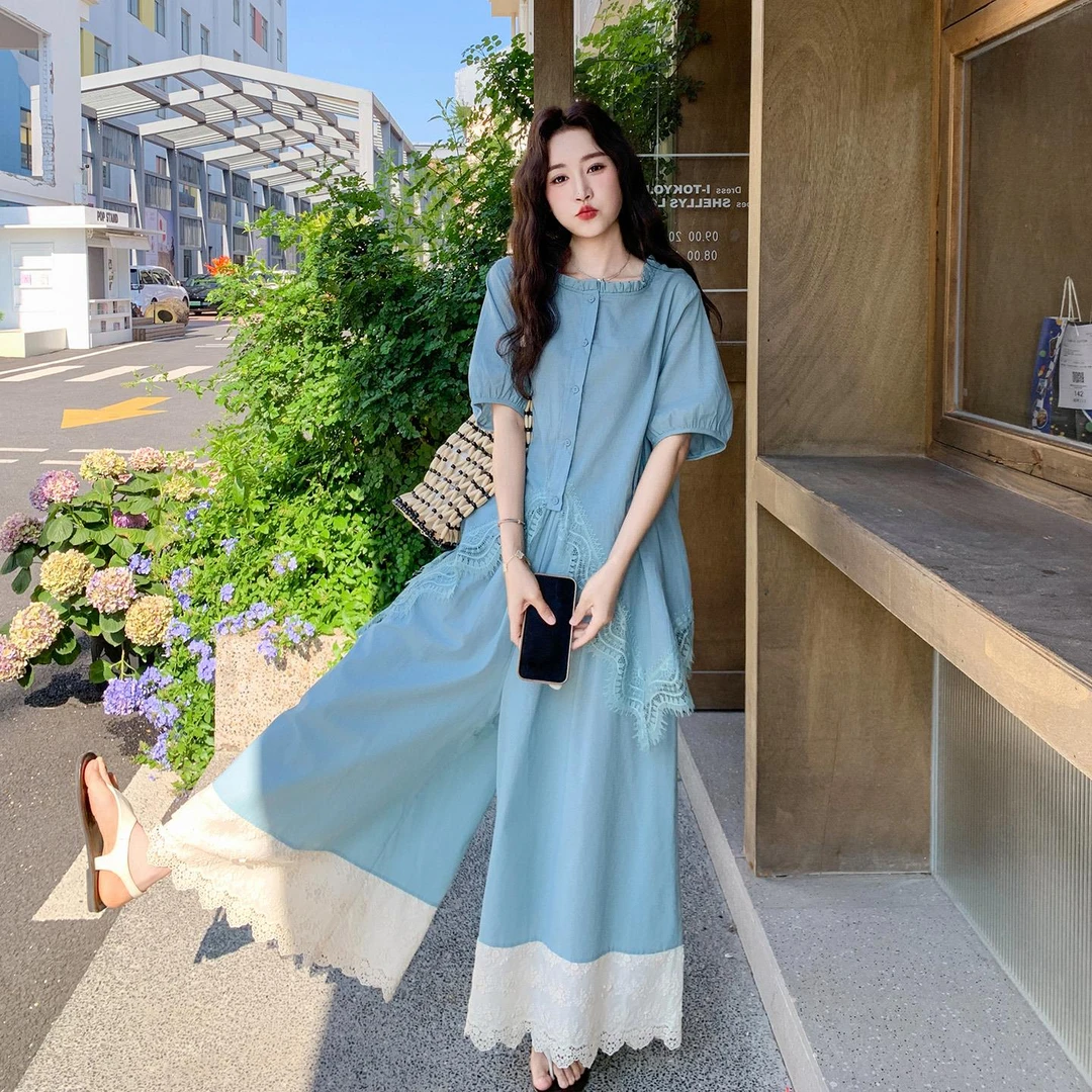 蓝色慵懒风蕾丝花边上衣套装女2025夏季新款宽松休闲阔腿裤两件套