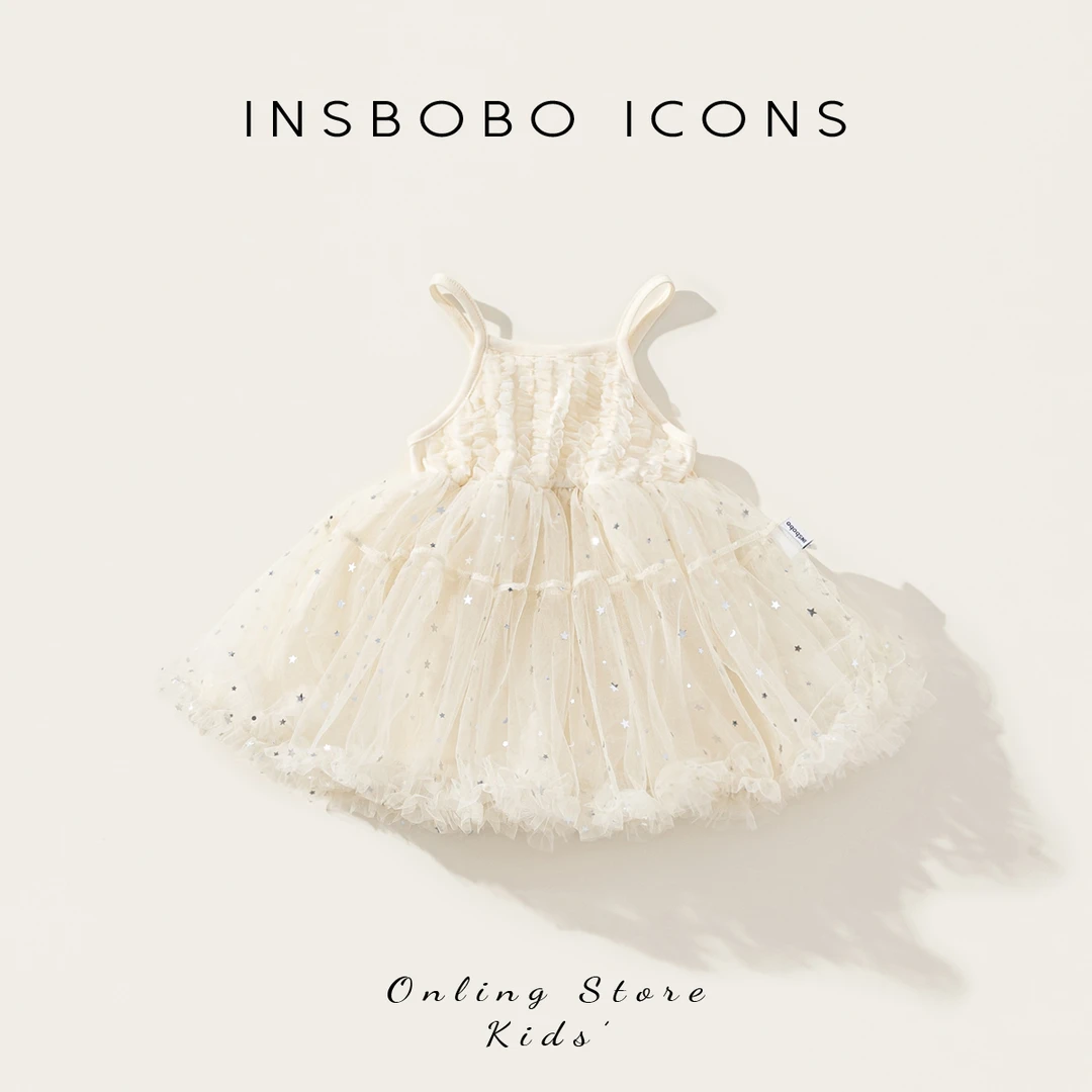 INSbobo女童亮片公主裙可爱抽褶吊带星星亮片网纱蓬蓬裙潮XQ15153