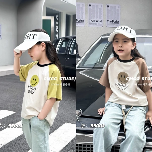 棉男女童圆领插肩短袖T恤55003夏季儿童宝宝卡通洋气印花百搭上衣