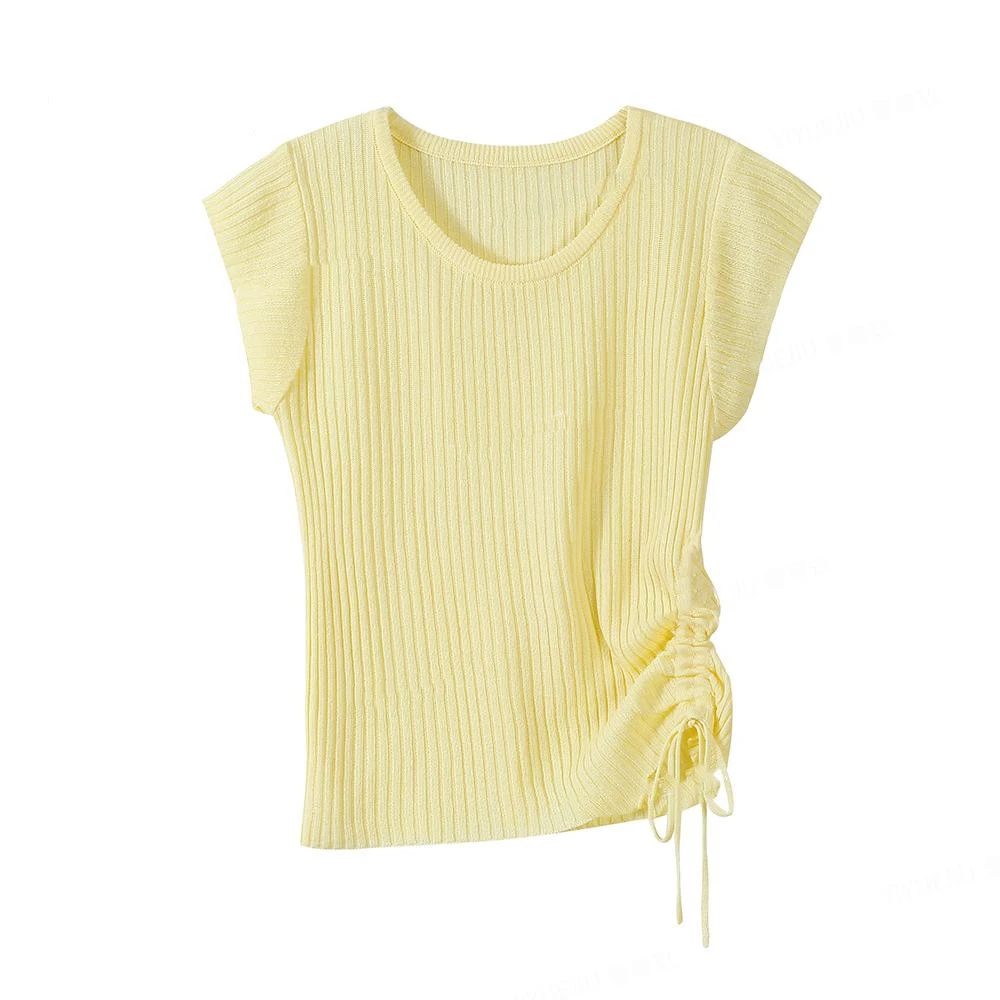 夏季冰丝T恤抽绳针织短袖女修身韩版时尚纯色洋气设计感百搭上衣