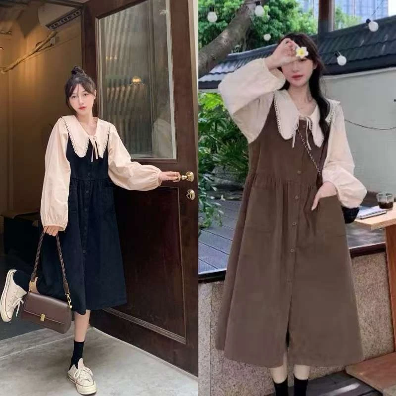 秋冬微胖茶系美拉德穿搭配一整套大码女装减龄宽松遮肚背带连衣裙