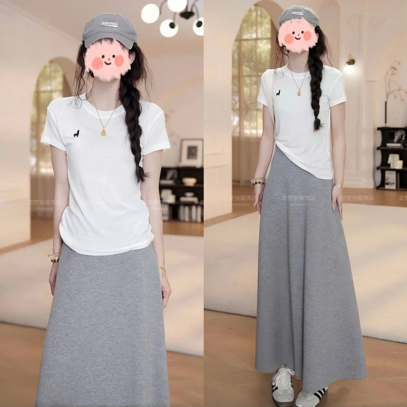2025夏季新款纯色刺绣短袖T恤上衣显瘦百搭高腰半身裙休闲套装女