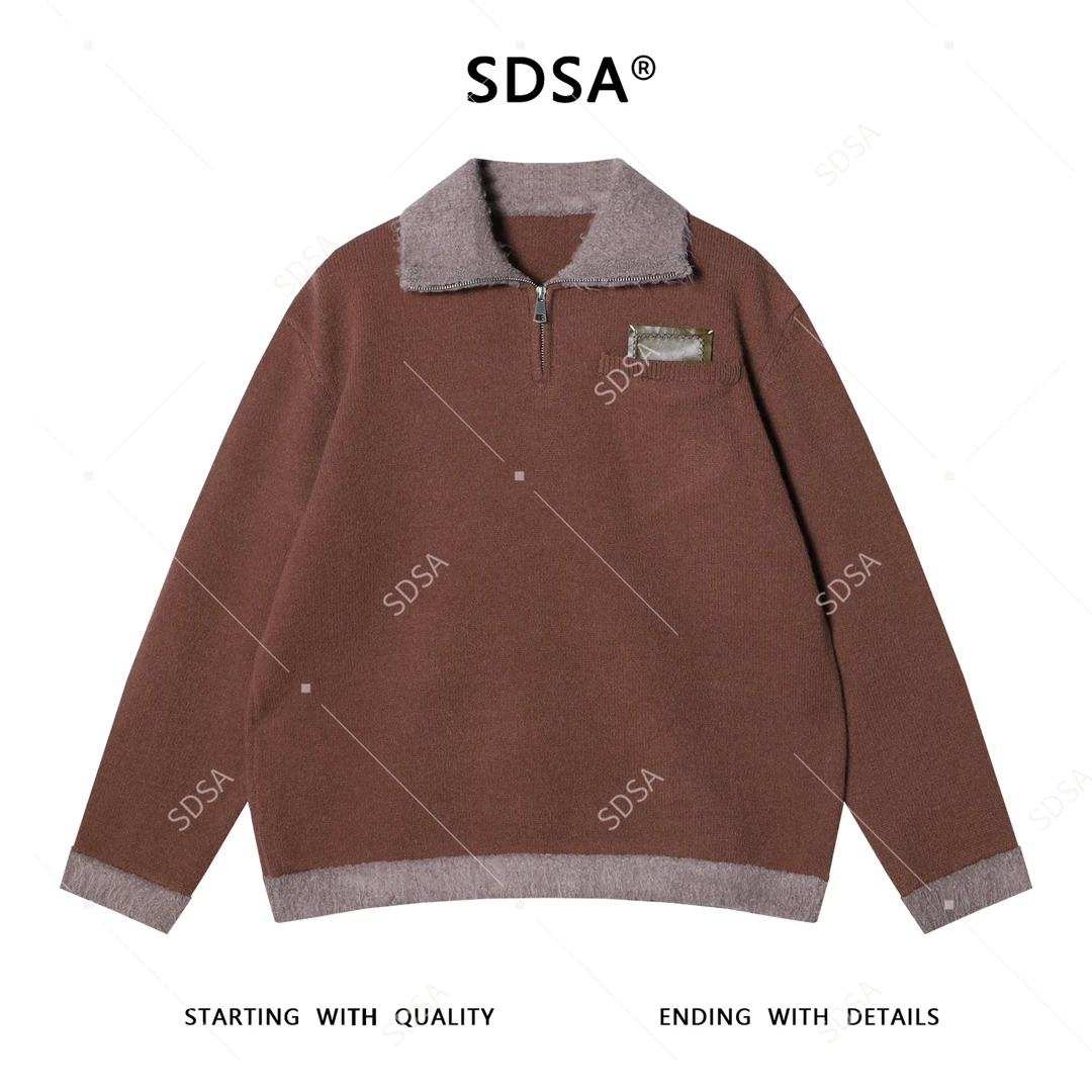 SDSA秋冬新款痞帅男装韩版口袋撞色半拉链翻领针织衫毛衣百搭
