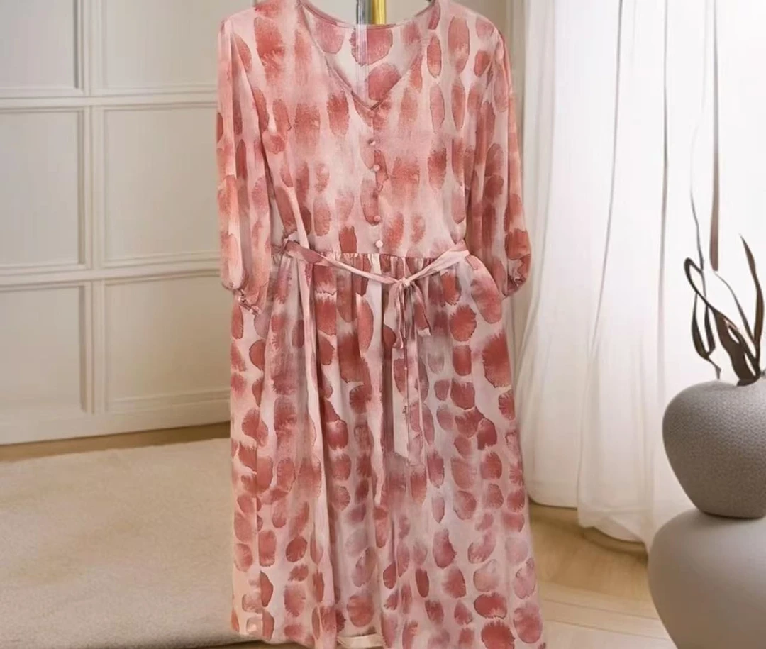 玫红色波点气质短袖 时尚休闲夏季法式收腰女装系带气质连衣裙