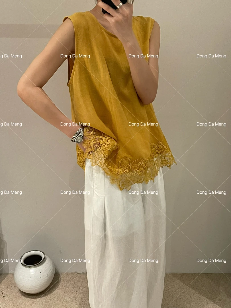 1601法式圆领蕾丝拼接无袖百搭显瘦后系蝴蝶结上衣