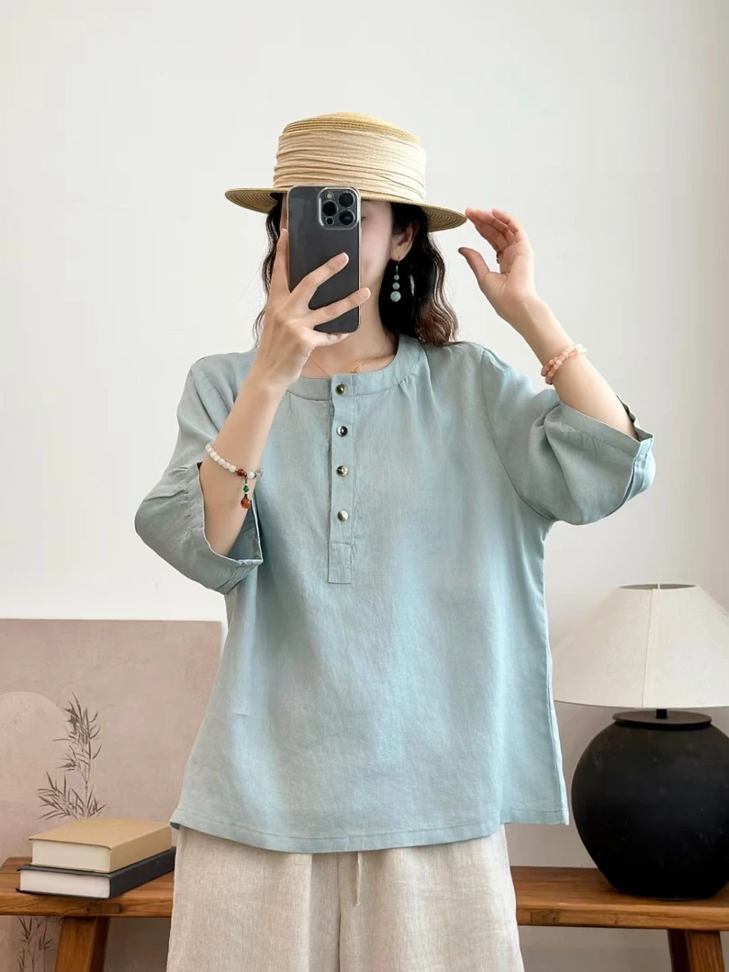 阅初 纯汉麻圆领吸汗通勤树脂固色七分袖衬衫夏季宽松t恤休闲百搭