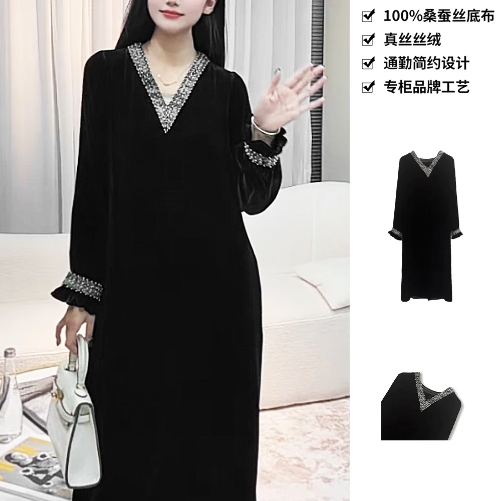 100桑蚕丝丝绒裙重工V领钉珠时尚高贵真丝丝绒连衣裙LYQB57