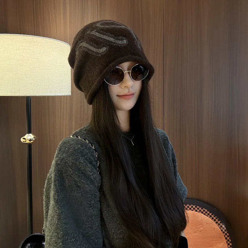 字母韩版新款针织堆堆帽女秋冬显脸小百搭保暖护耳包头帽子冷帽男