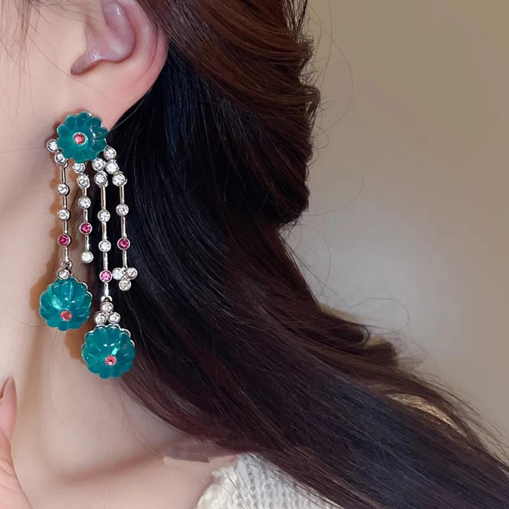 铜合金珐琅耳饰 中式国风中古绿色果冻琉璃水果锦囊--耳环