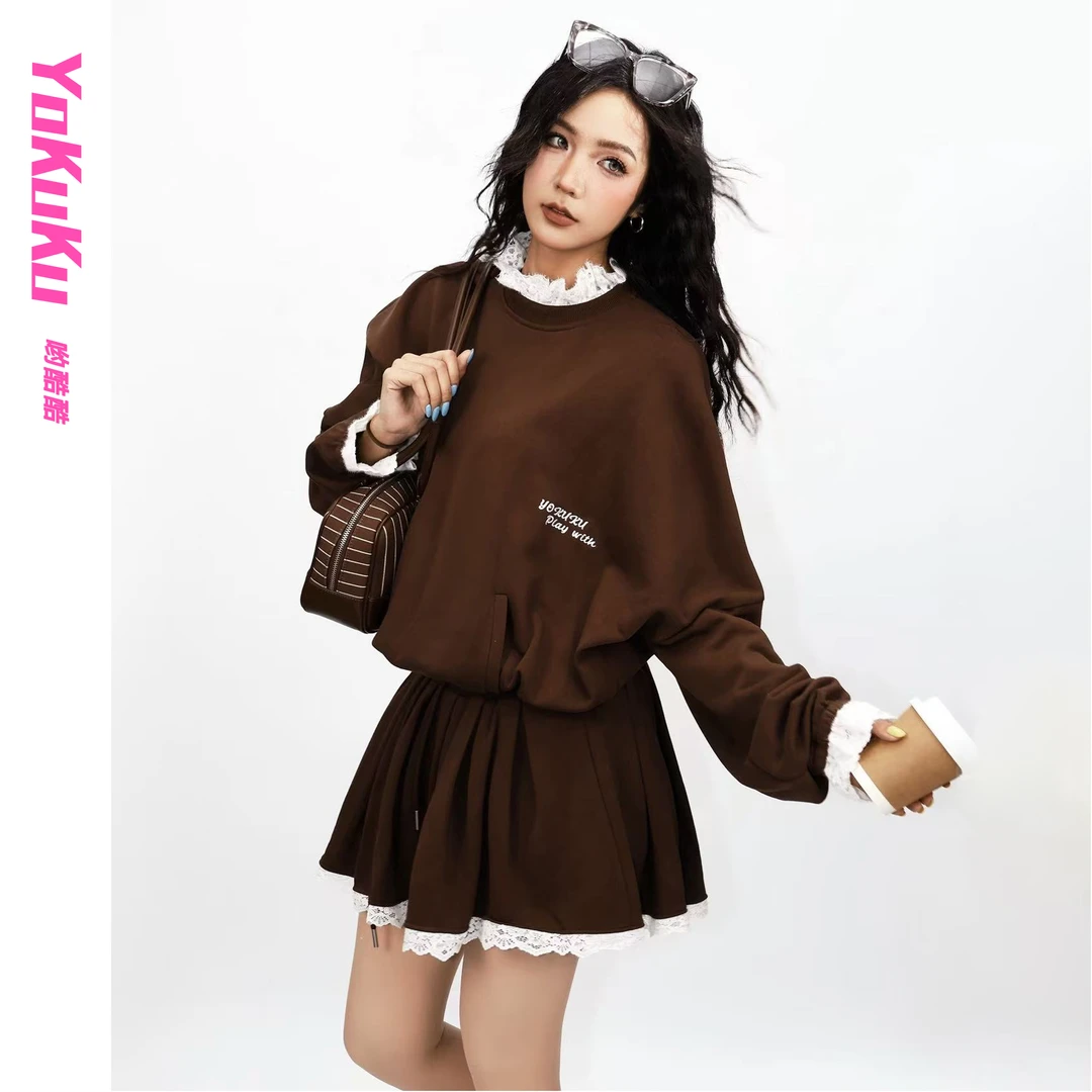 哟酷酷（蕾丝哲学）秋冬连衣裙蕾丝花边腰间抽绳字母刺绣显腿长