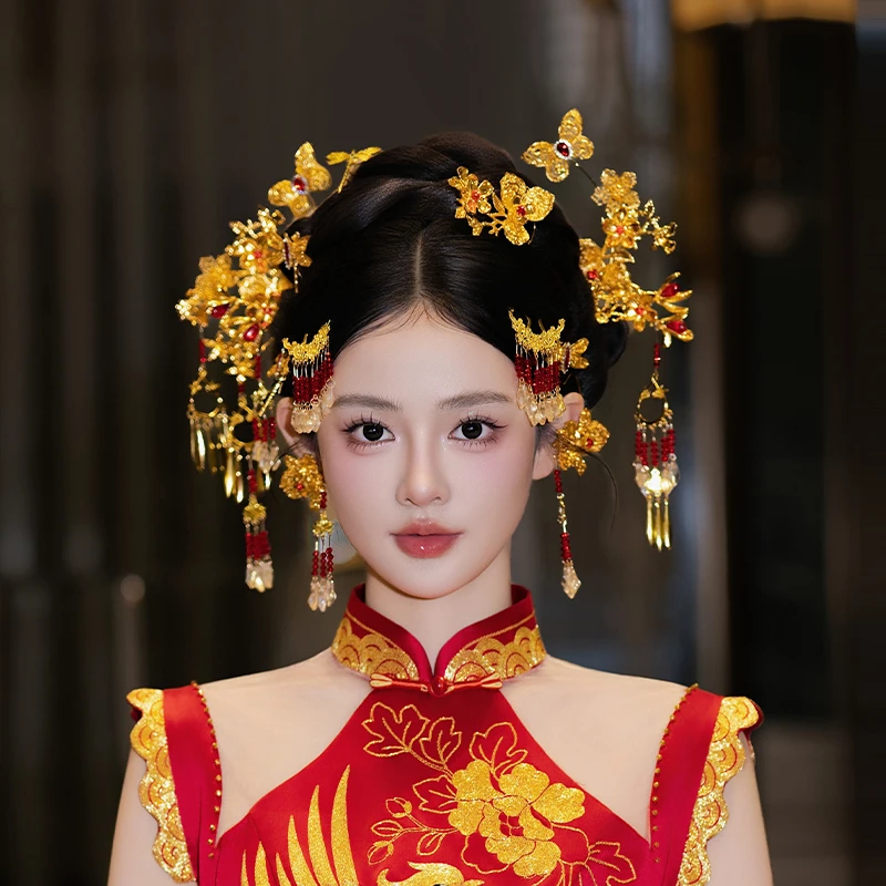 合金树脂婚庆饰品 新娘头饰红金色花朵古风蜻蜓蝴蝶秀禾配饰G0284