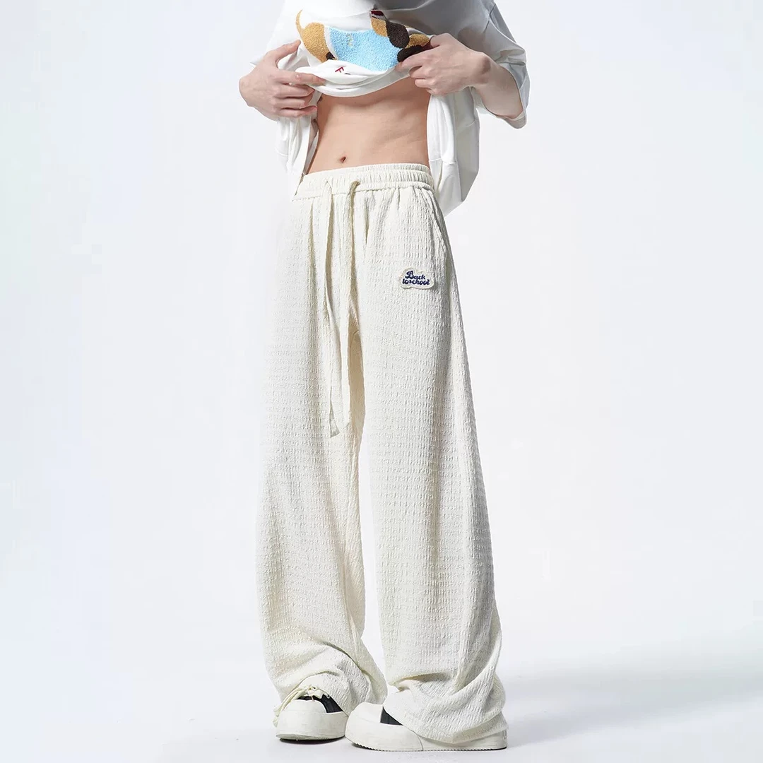 KONITIHA  夏季情侣日系冰丝纹理泡泡纱褶皱肌理感弯刀阔腿裤1710