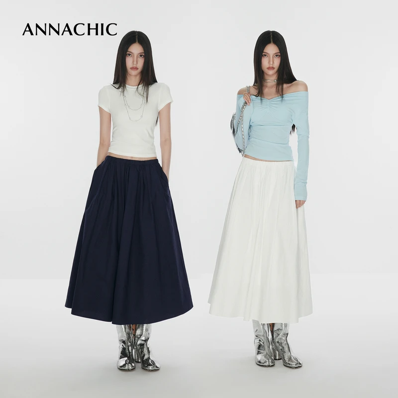 ANNACHIC白色设计感松紧腰半身裙女夏季松弛感宽松显瘦百褶中长裙