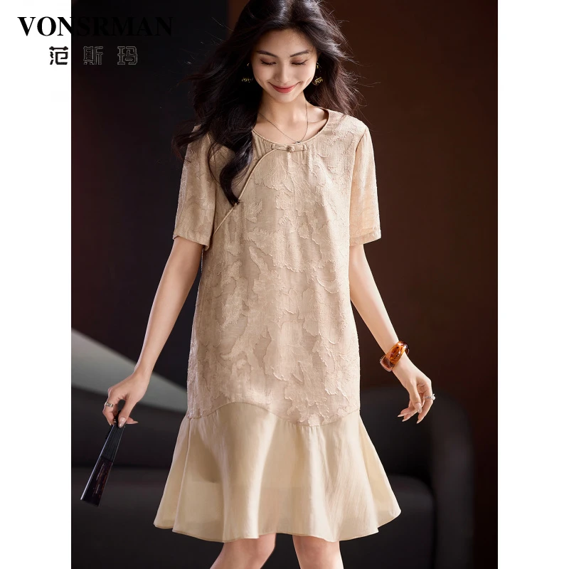 新中式提花连衣裙女夏季2025年新款高端时尚鱼尾中长裙大码女装潮