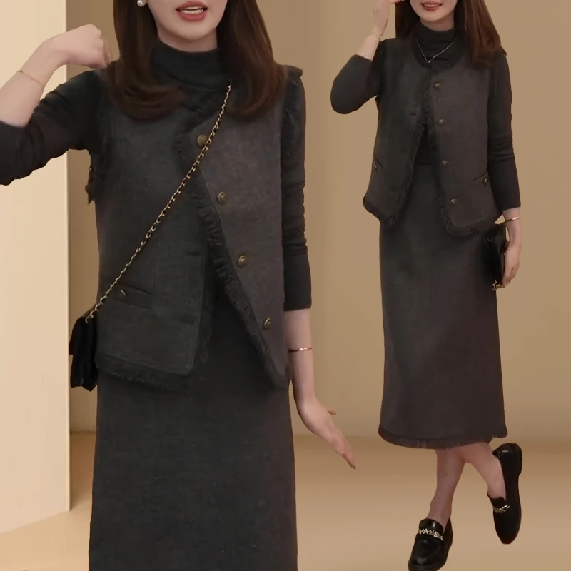 小香风纽扣时尚套装裙女装春秋气质名媛高腰显瘦半身裙马甲三件套