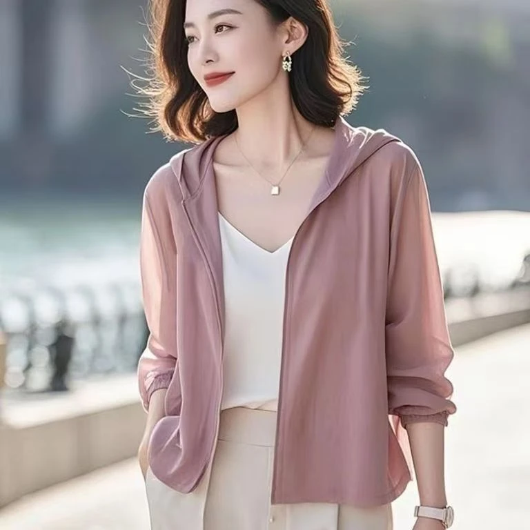 薄款好看独特漂亮韩系粉灰色防晒开衫外套2025春季新款