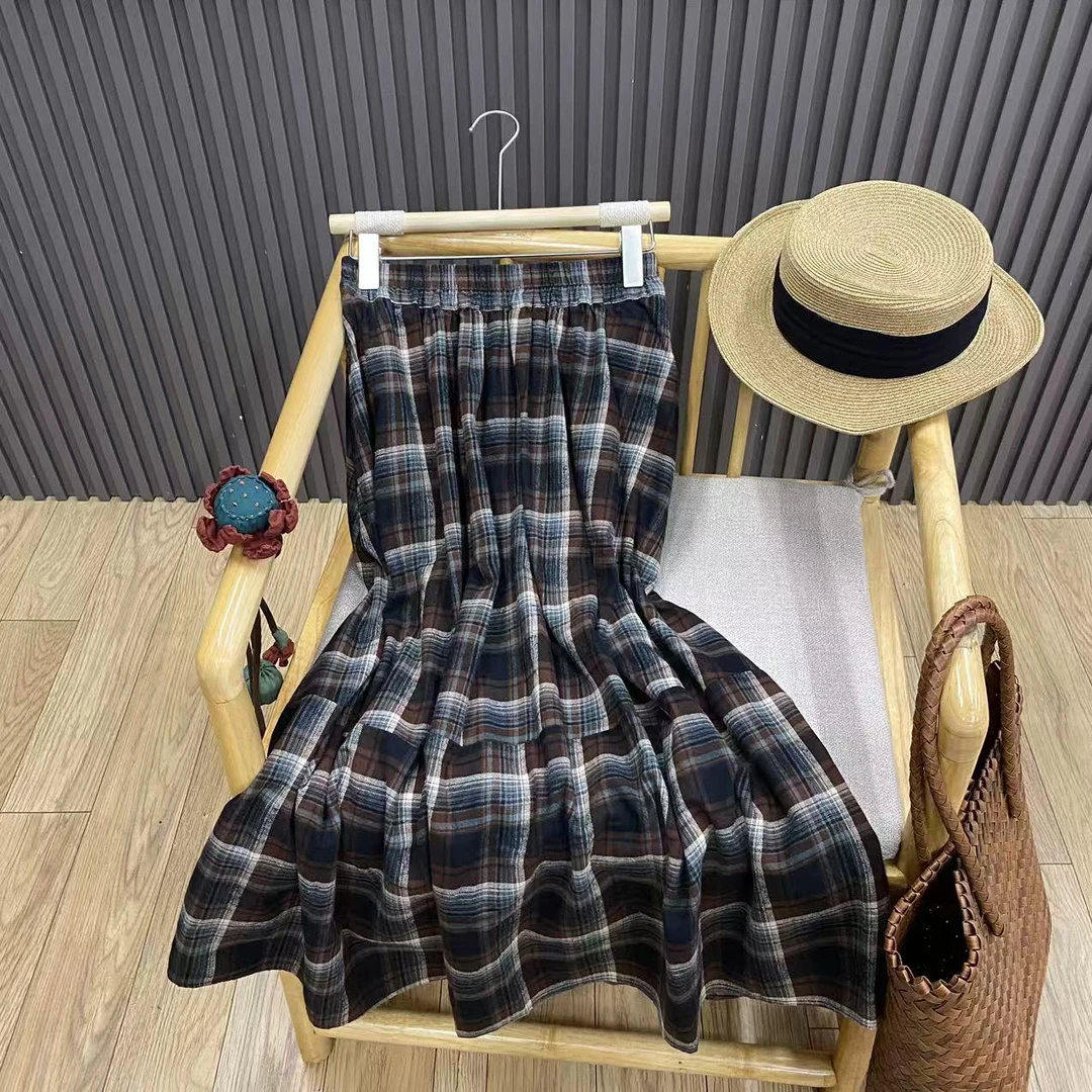 早秋复古格纹高腰纯棉半身裙宽松百搭显瘦中长款A字裙女Q66362