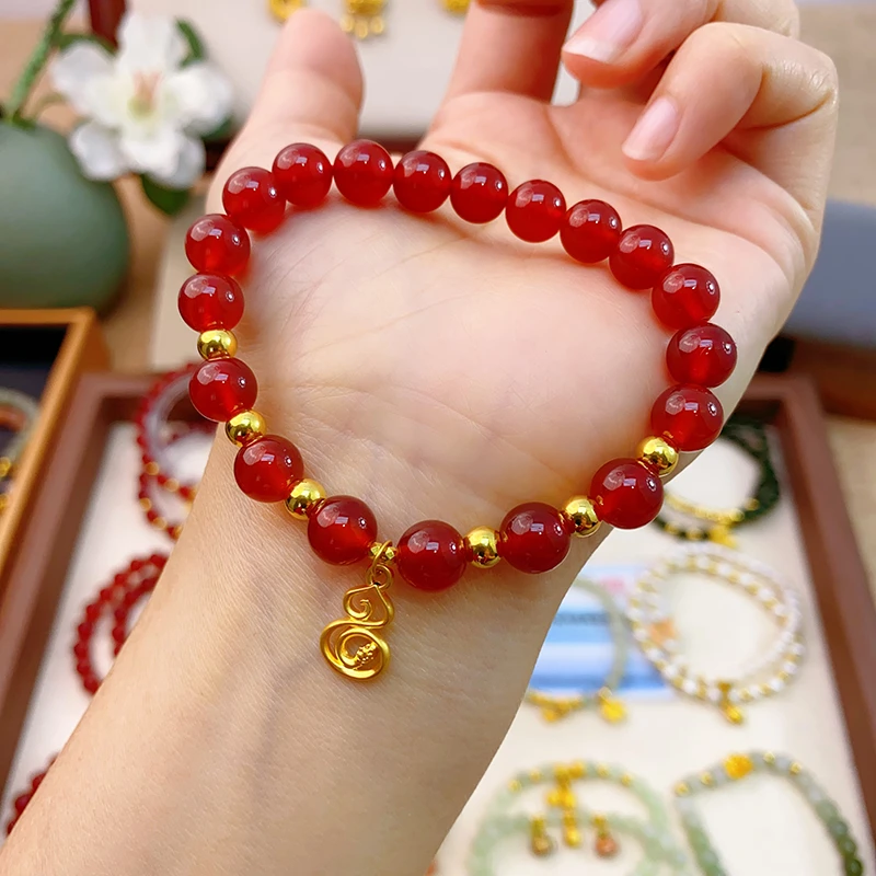 足金999 圈圈葫芦手链天然玛瑙手串红色卡5金珠时尚女手链5D硬金