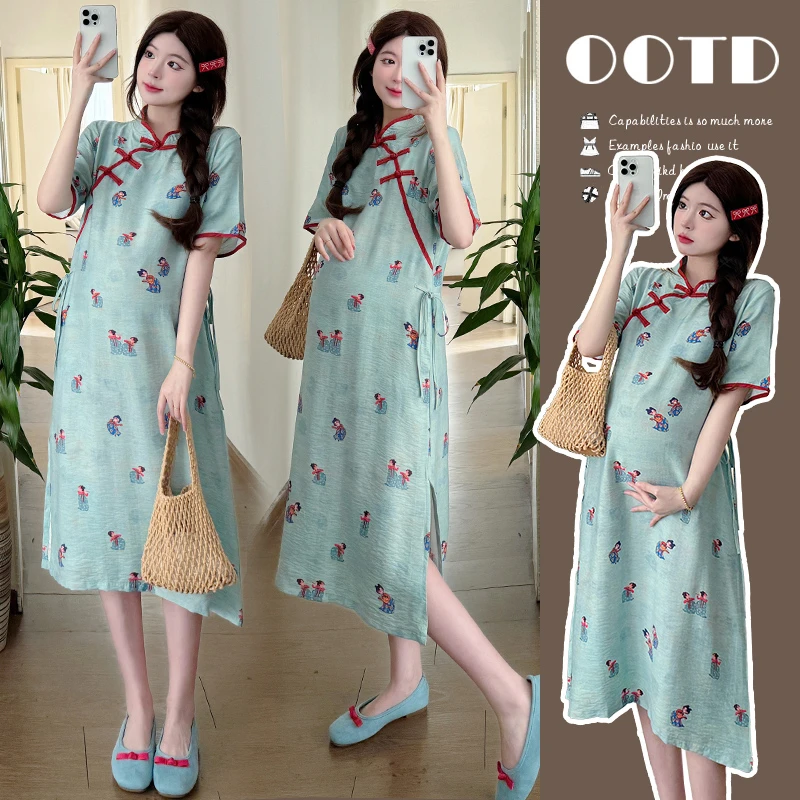 孕妇小个子2025新款夏装连衣裙新中式国风旗袍裙宽松显瘦遮肉夏季