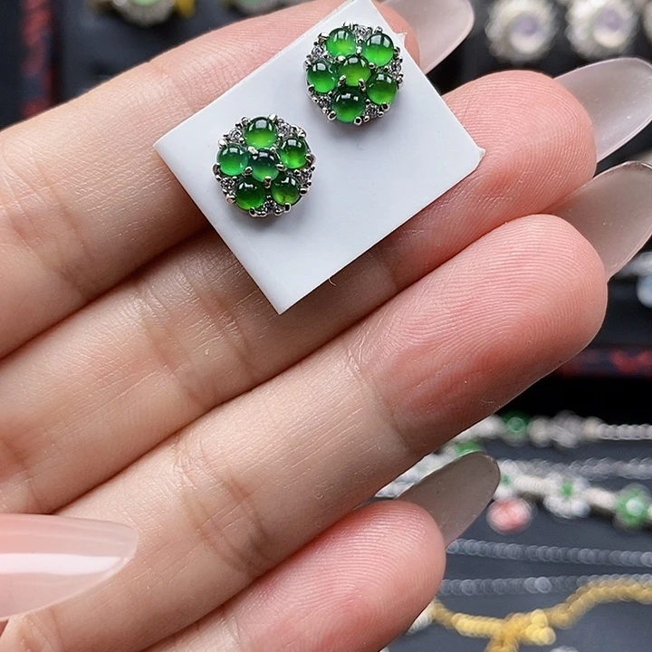 翡翠银S925镶嵌耳饰缅甸翡翠